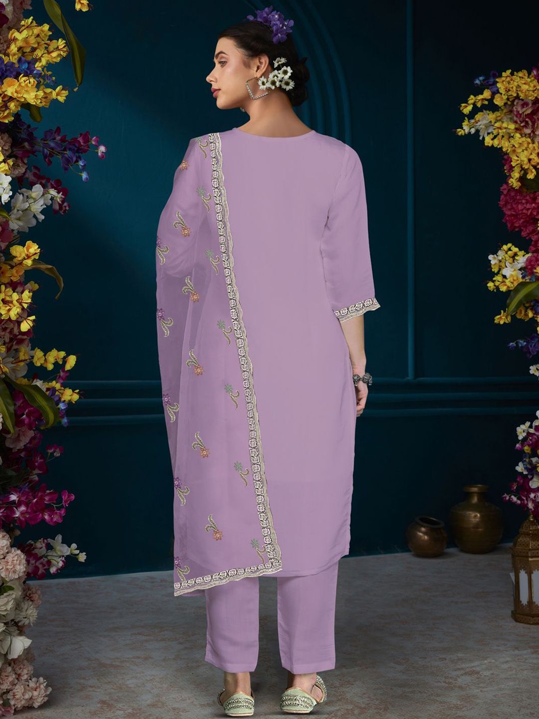 Ethnic Motifs Embroidered Regular Beads And Stones Kurta With Trousers & Dupatta