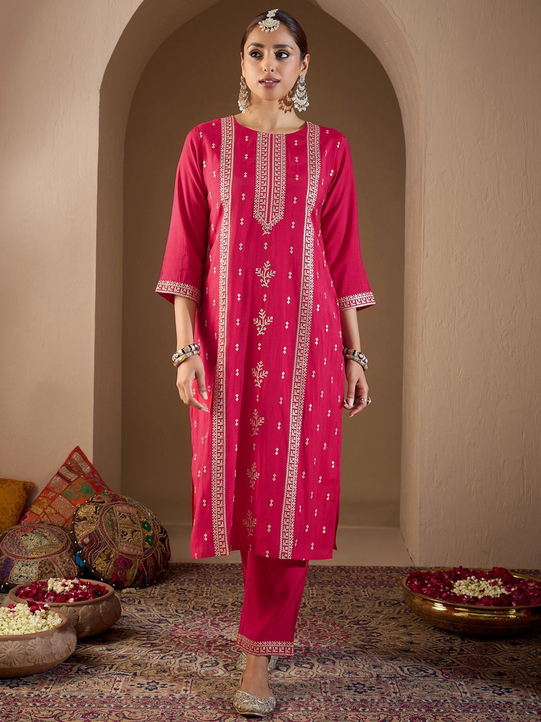 Women Ethnic Motifs Embroidered Regular Sequinned Kurta with Trousers & With Dupatta