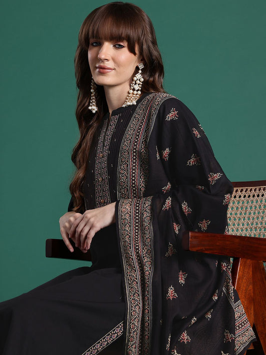 Dhiyona IE Floral Embroidered Thread Work Pure Cotton Kurta with Trousers & Dupatta