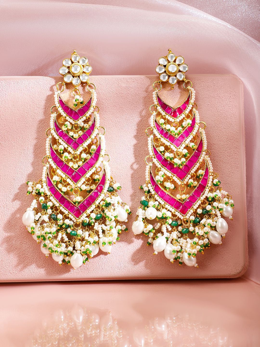 Dhiyona RJ Women's 24K Gold-Plated Ruby Pink Kundan & Green Beaded Handcrafted Shoulder Duster Earring