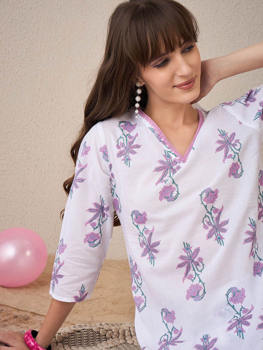 Dhiyona IE Printed V-Neck Pure Cotton Tunic With Trouser