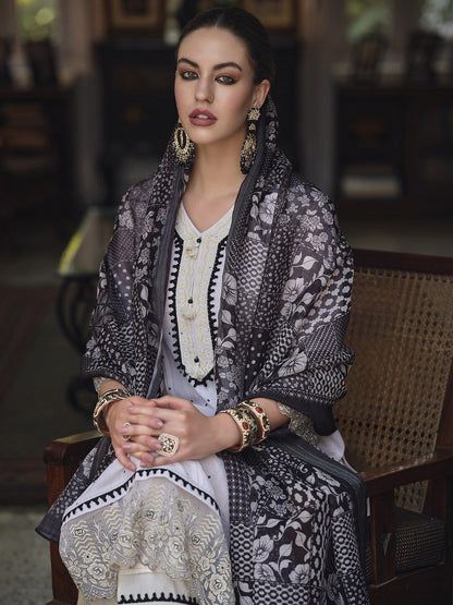 Dhiyona IE Cream-Coloured & Black Floral Embroidered Thread Work Linen Kurta Set
