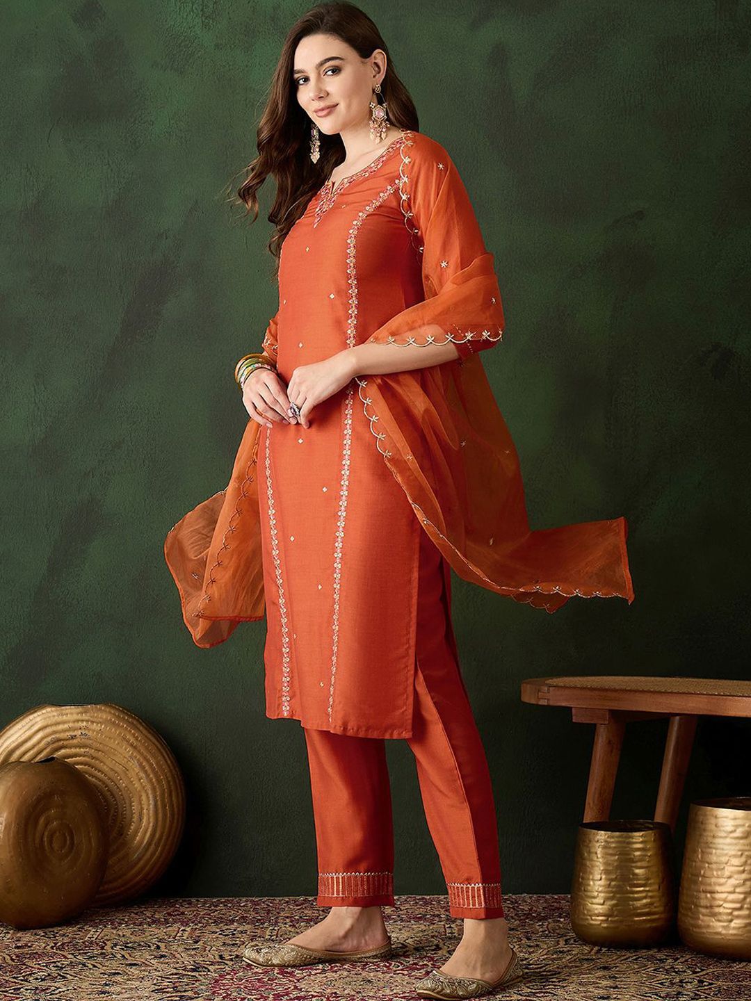 Dhiyona SN Women's Floral Embroidered Sequinned Straight Kurta & Trouser With Dupatta