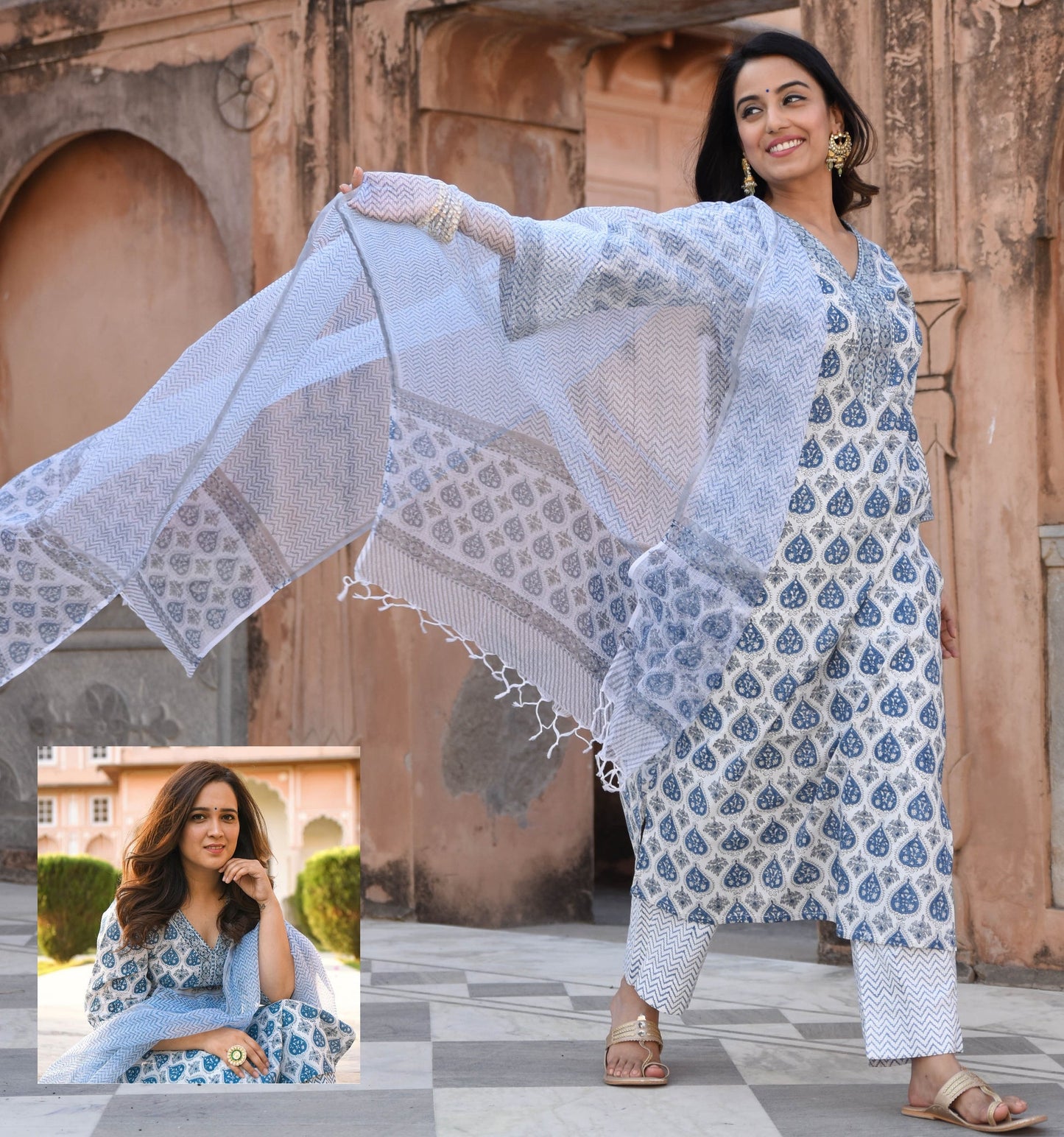 Women White Printed Viscose Rayon Kurta, Pant And Dupatta Set