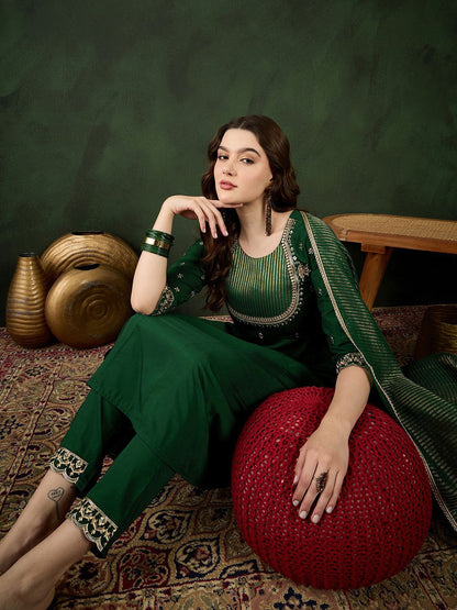 Dhiyona SN Women's Green Floral Embroidered Regular Anarkali Kurta With Trouser With Dupatta