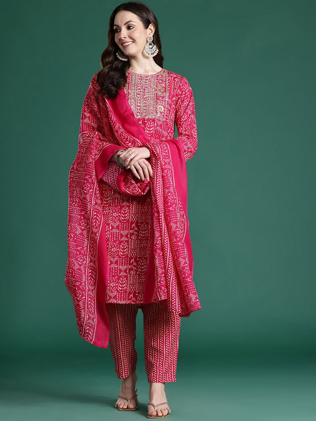Ethnic Motifs Printed Sequinned Pure Cotton Kurta with Trousers & With Dupatta