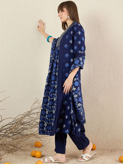 Dhiyona IE Women Quirky Printed Cotton Kurta with Trousers & Dupatta