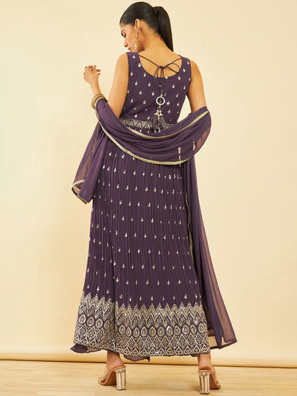 Dhiyona SO Women's Ethnic Motifs Embroidered Sequinned Georgette Kurta with Palazzos & Dupatta
