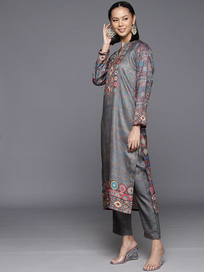 Dhiyona VA Women's Winter Abstract Printed Wool Blend Straight Kurta Set with Dupatta
