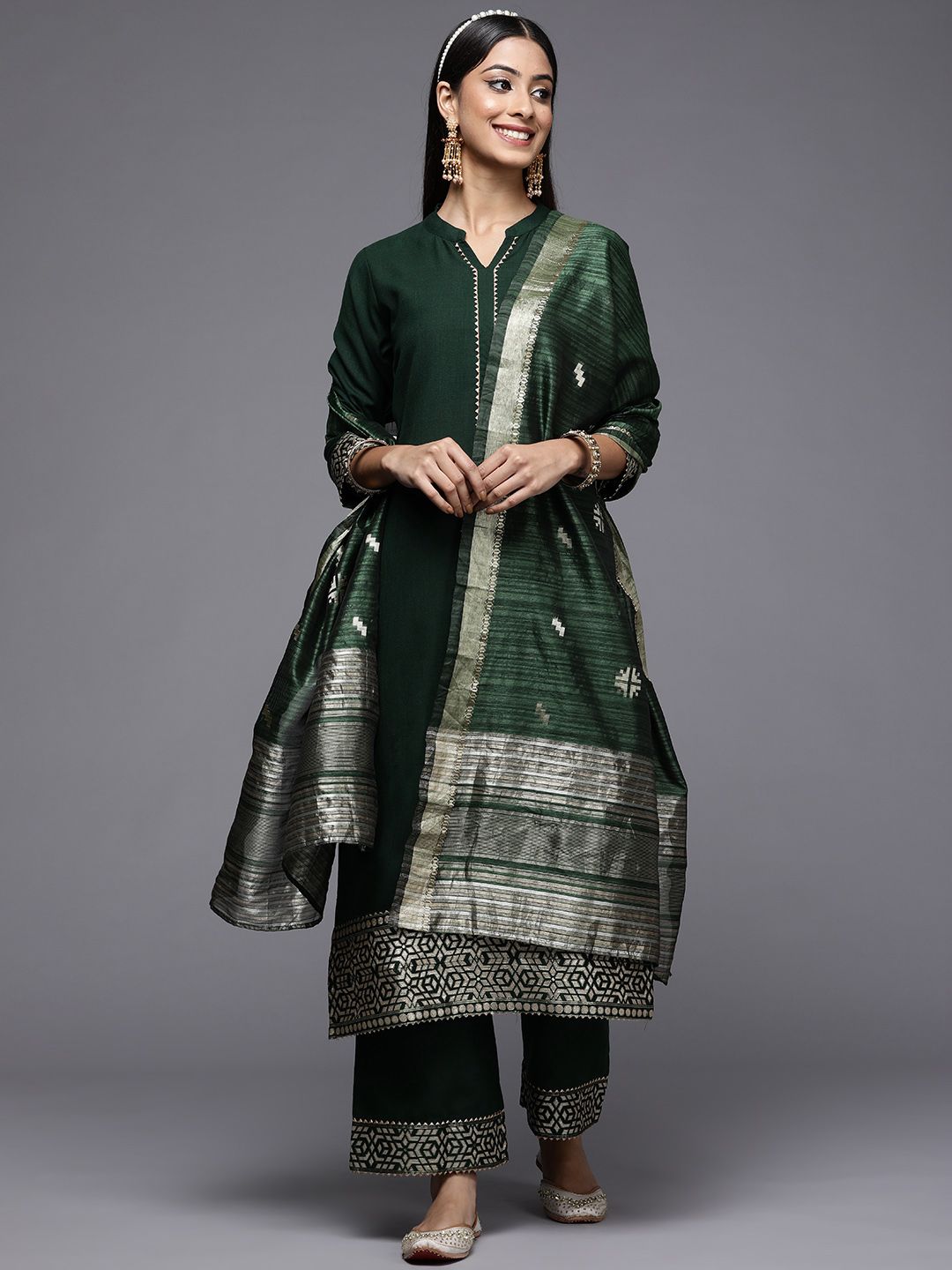 Women Green Patchwork Kurta with Palazzos & With Dupatta
