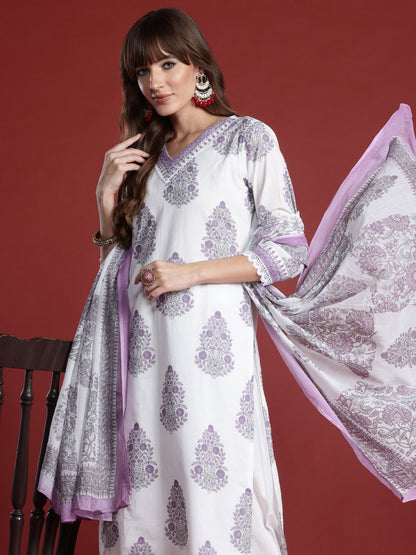 Dhiyona IE Floral Printed Sequinned Pure Cotton Kurta with Trousers & Dupatta