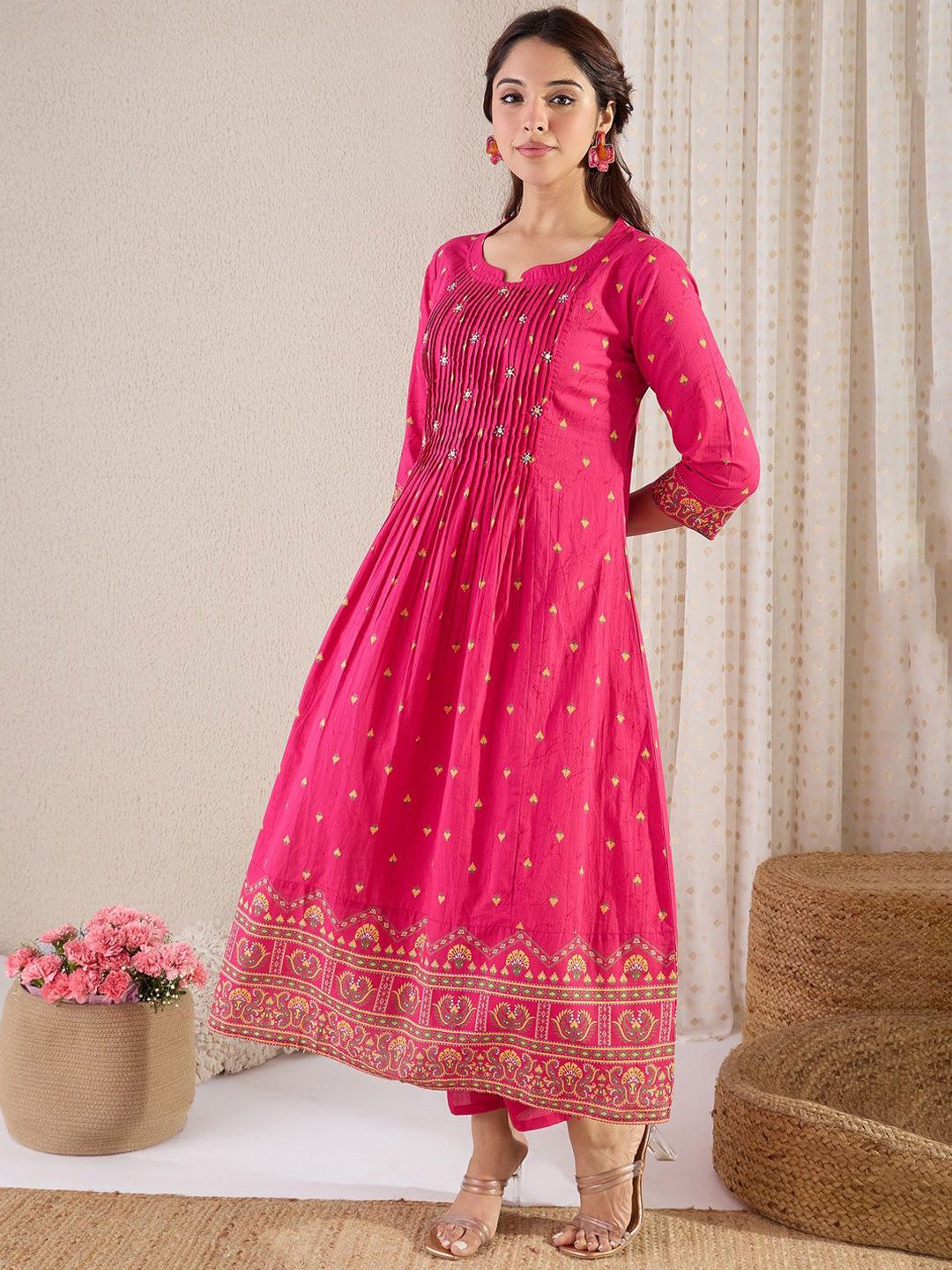 Dhiyona IE Floral Printed Pure Cotton Round Neck A-Line Tunic With Trousers Co-Ords