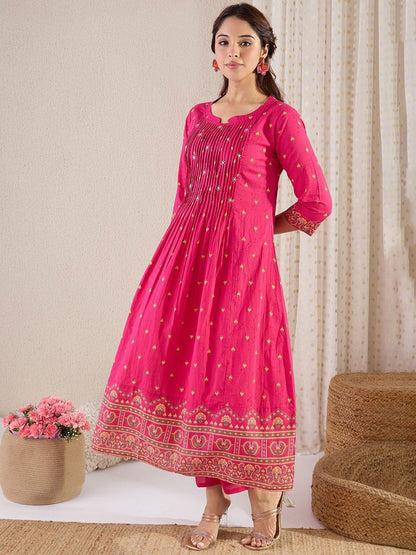 Dhiyona IE Floral Printed Pure Cotton Round Neck A-Line Tunic With Trousers Co-Ords