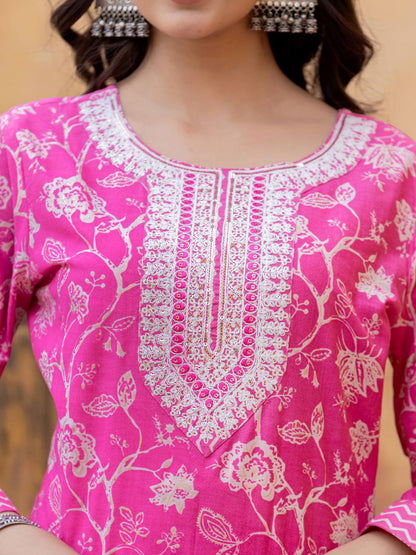 Dhiyona VA Women'sFloral Printed Regular Thread Work Kurta with Trouser & Dupatta
