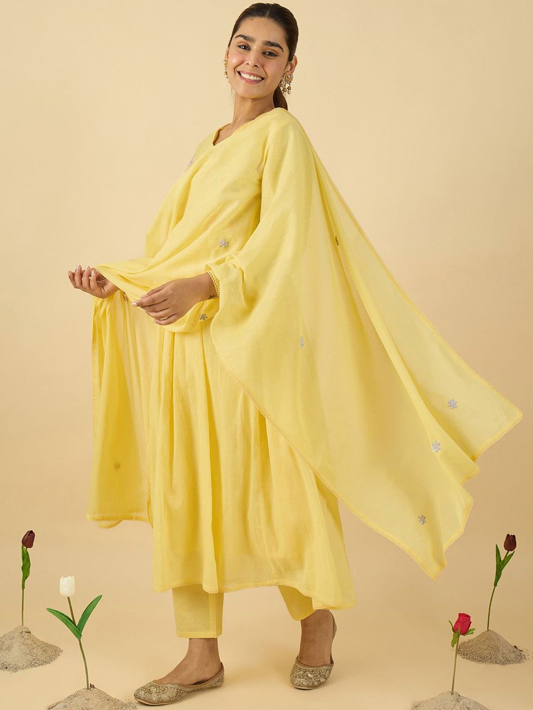 Floral Embroidered V-Neck Pure Cotton A-Line Kurta With Trousers & Dupatta