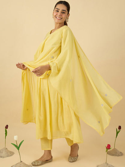 Floral Embroidered V-Neck Pure Cotton A-Line Kurta With Trousers & Dupatta