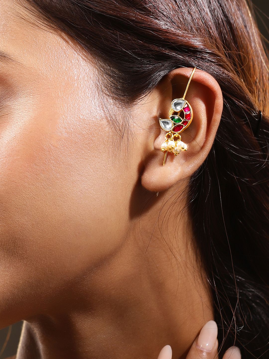 Dhiyona RJ Women's 22K Gold-Plated Ruby Pink, Emerald Green & White Kundan Studded Ear Cuff