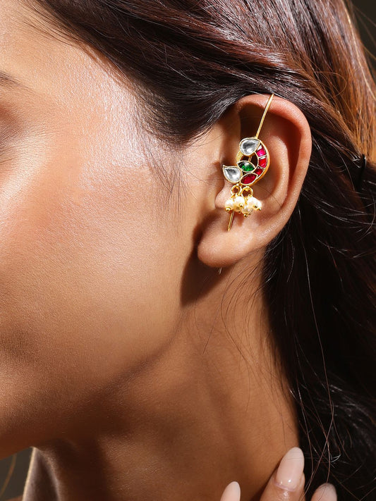 Dhiyona RJ Women's 22K Gold-Plated Ruby Pink, Emerald Green & White Kundan Studded Ear Cuff