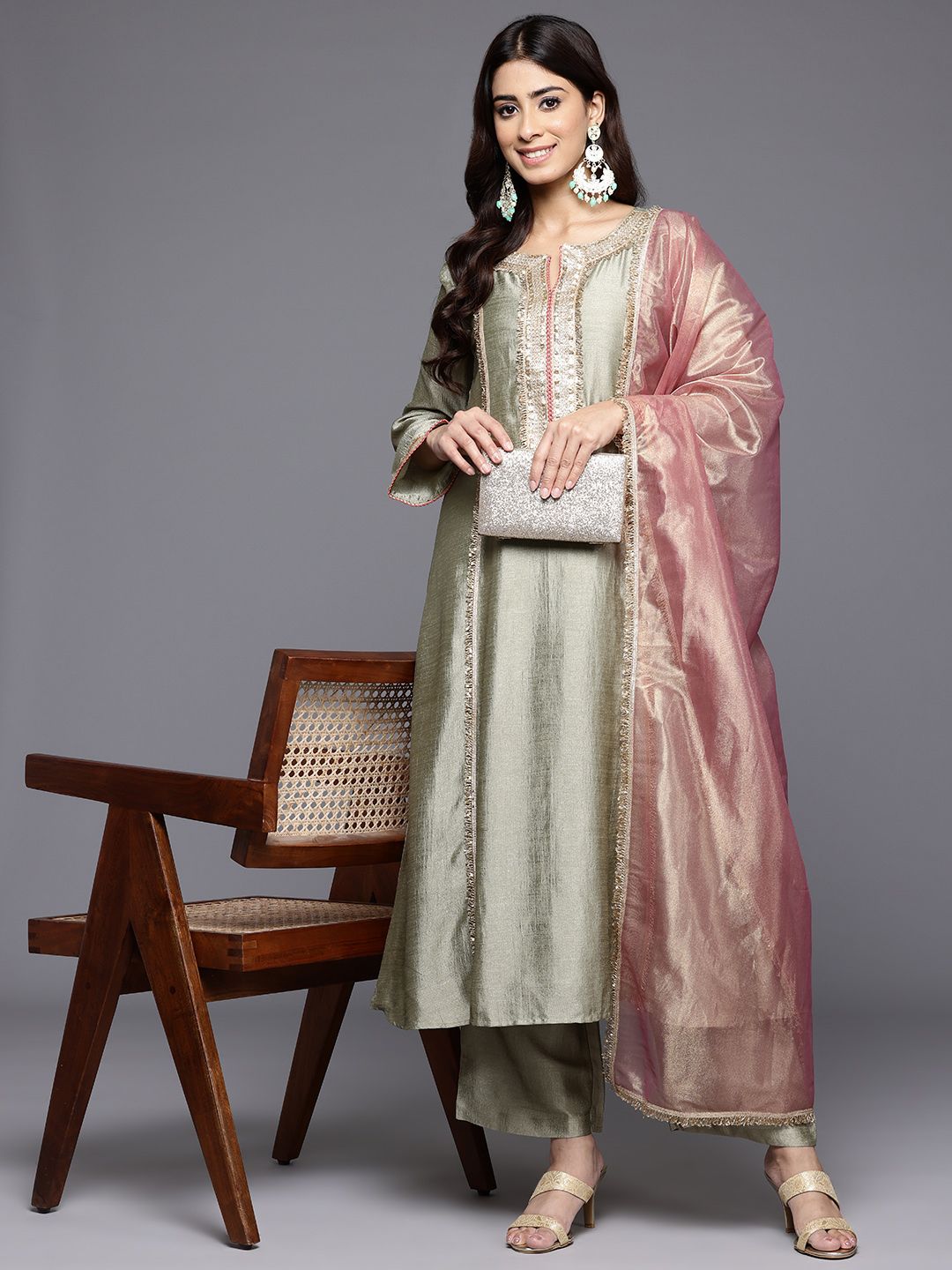 Dhiyona VA Women'sFloral Yoke Design Sequinned Panelled Anarkali Kurta With Palazzo & Dupatta