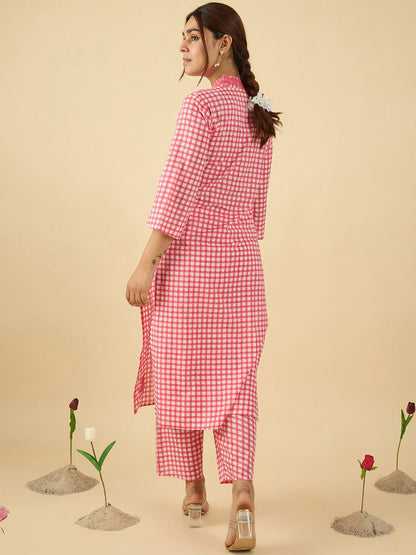Checked V Neck Thread Work Pure Cotton Straight Kurta With Trousers
