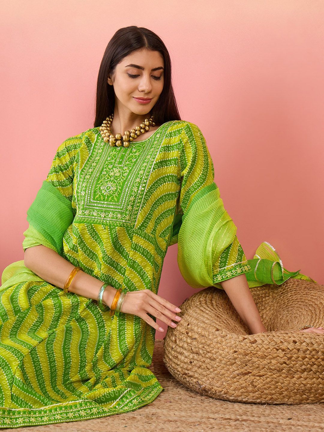 Dhiyona SN Women's Green Bandhani Printed Sequinned Anarkali Kurta With Trouser & Dupatta