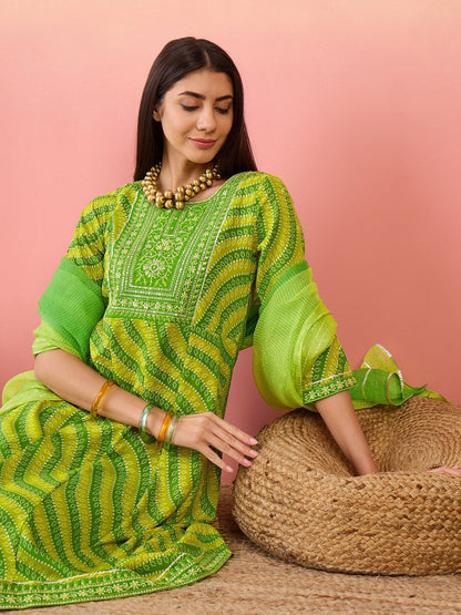 Dhiyona SN Women's Green Bandhani Printed Sequinned Anarkali Kurta With Trouser & Dupatta