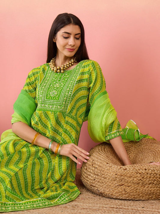 Dhiyona SN Women's Green Bandhani Printed Sequinned Anarkali Kurta With Trouser & Dupatta