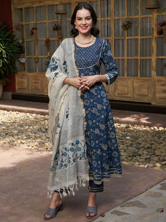 Dhiyona SN Women's Blue Printed Gotta Patti Pure Cotton Empire A-Line Kurta with Trousers & Dupatta