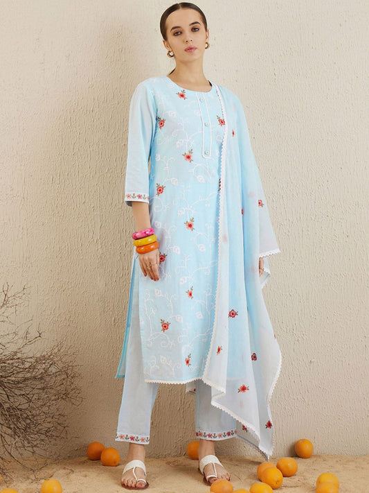 Dhiyona IE Ethnic Motifs Embroidered Thread Work Pure Cotton Kurta with Trousers & Dupatta