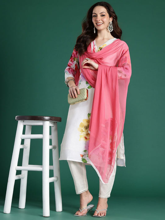 Dhiyona IE Floral Printed Beads and Stones Linen Kurta with Trousers & With Dupatta