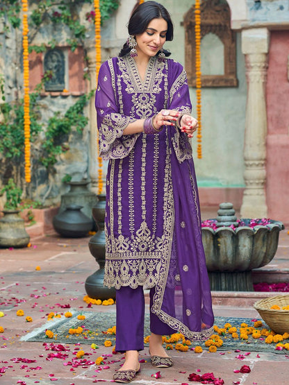 Floral Embroidered V-Neck Zari Organza Straight Kurta With Trousers And Dupatta