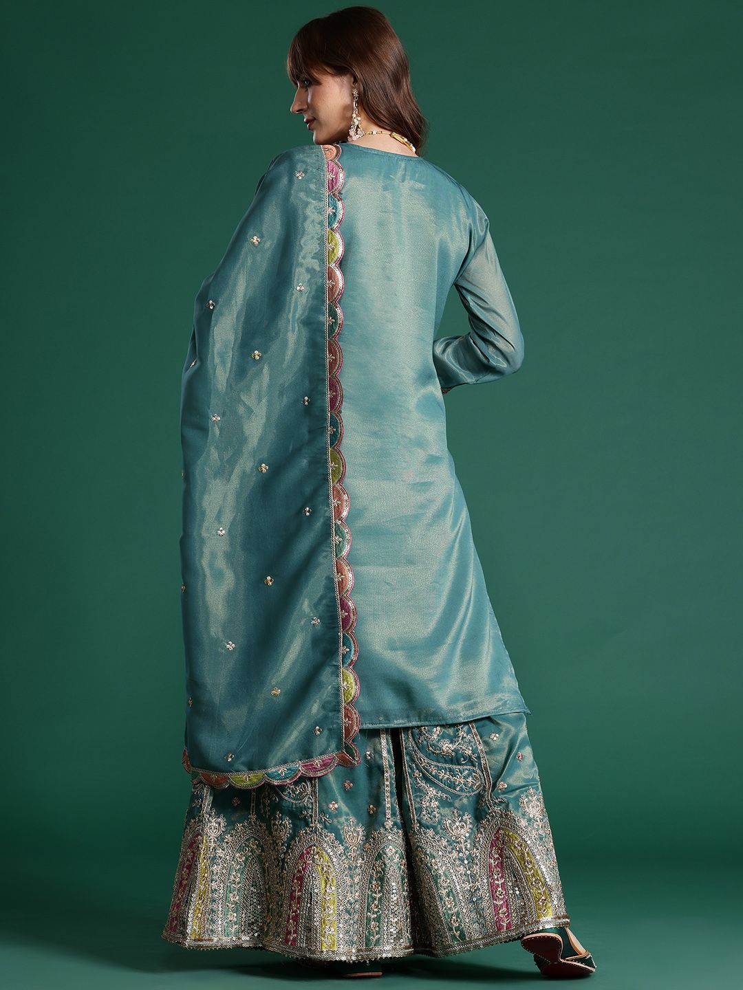 Ethnic Motifs Embroidered Sequinned Kurta with Palazzos & Dupatta