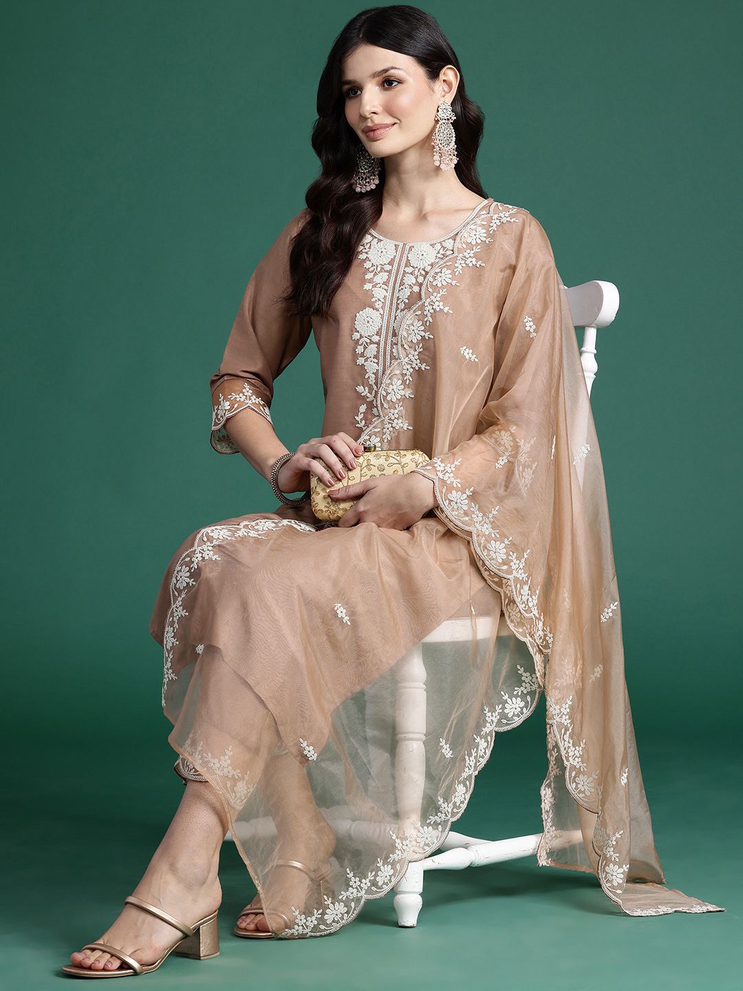 Floral Embroidered Thread Work Kurta With Trousers & Dupatta