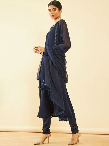 Dhiyona SO Women's Blue Yoke Design Keyhole Neck Bead Georgette Kurta with Churidar & Dupatta with Shrug