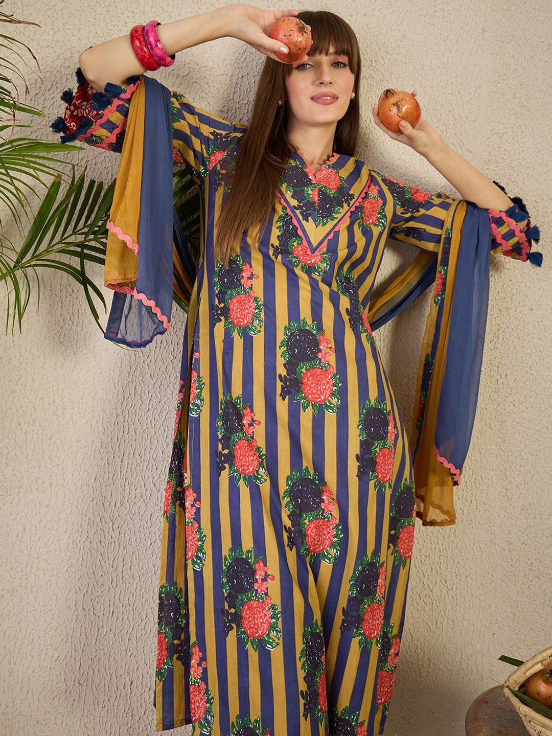 Adults-Women Floral Printed Cotton A-Line Kurta with Trousers & Dupatta