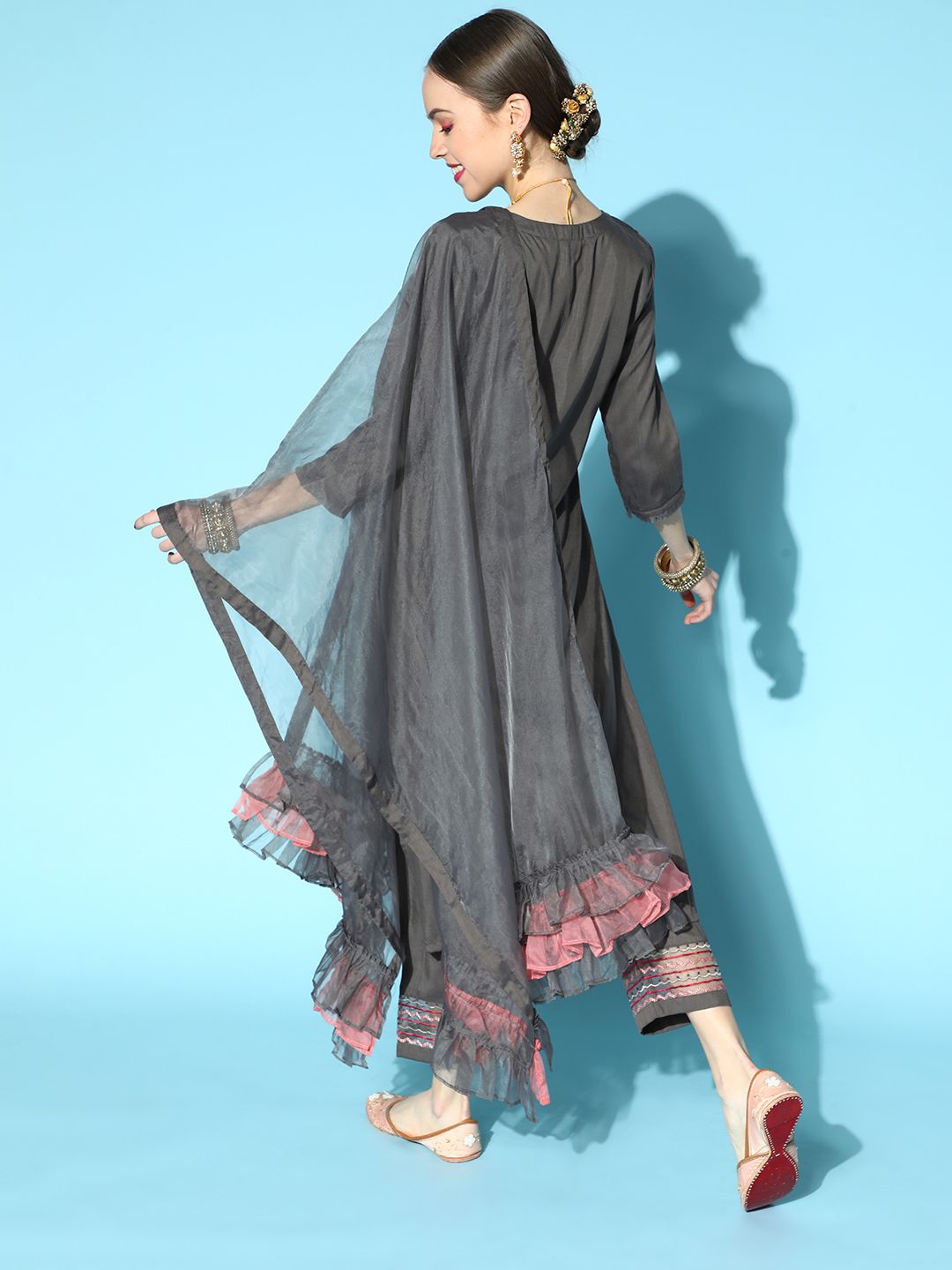 Charcoal Silk Blend Romantic Florals Kurta Set