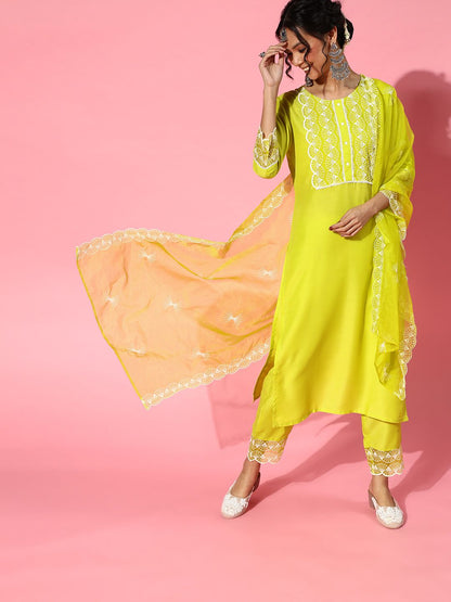 Lime Green Silk Blend Scalloped Edge Kurta Set