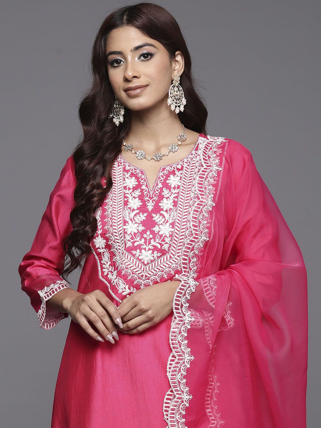 Ethnic Motifs Yoke Design Straight Thread Work Liva Kurta with Trousers & Dupatta