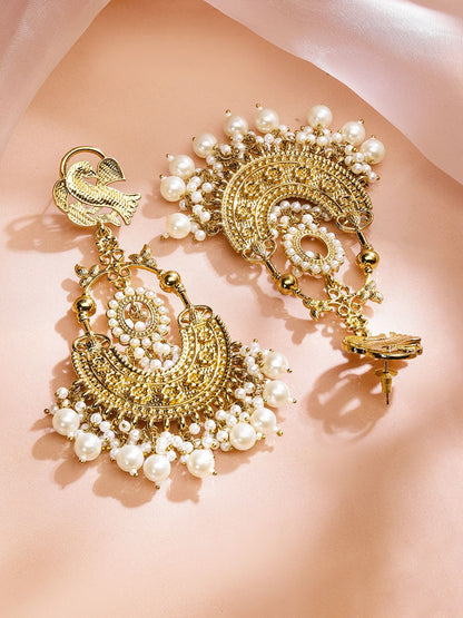 Dhiyona RJ Women's 18K Gold-Plated Large Chandbali Earrings with White Pearl Beaded Accents