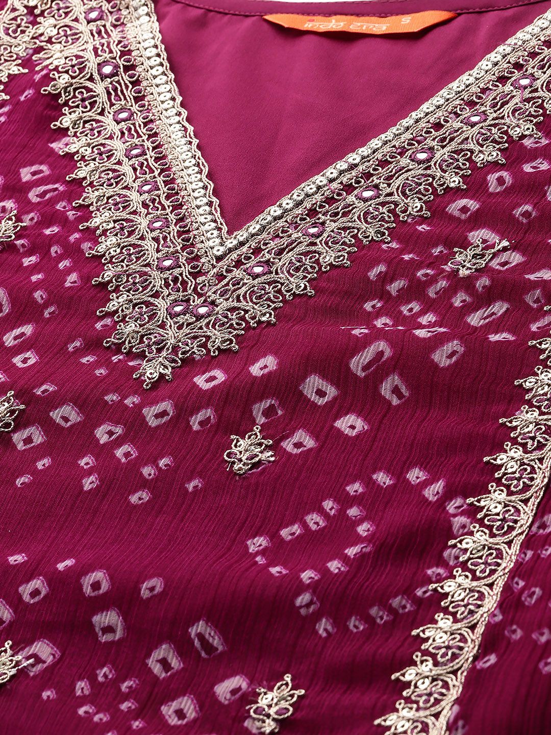 Bandhani Printed Zari Panelled Silk Chiffon Kurta with Trousers & With Dupatta