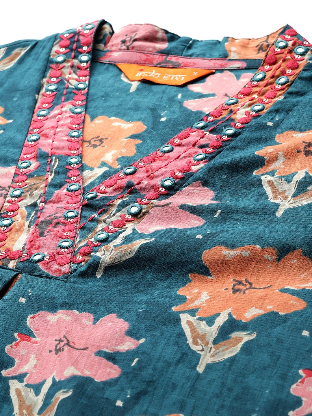 Floral Printed Pleated Pure Cotton Kurta with Trousers