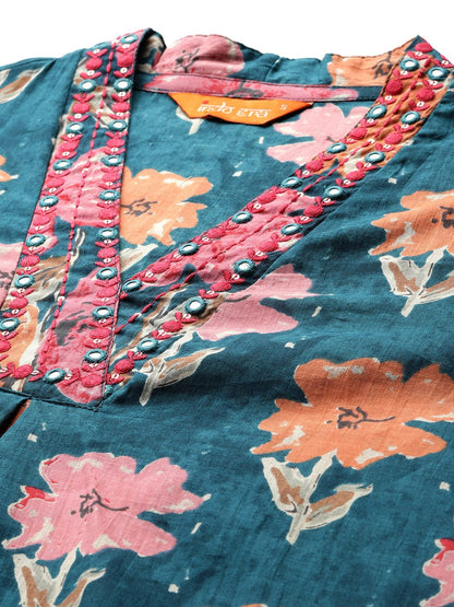 Floral Printed Pleated Pure Cotton Kurta with Trousers