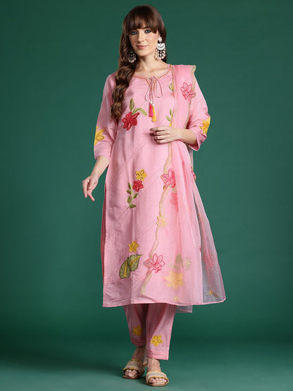 Floral Embroidered Sequinned Kurta with Trousers & Dupatta