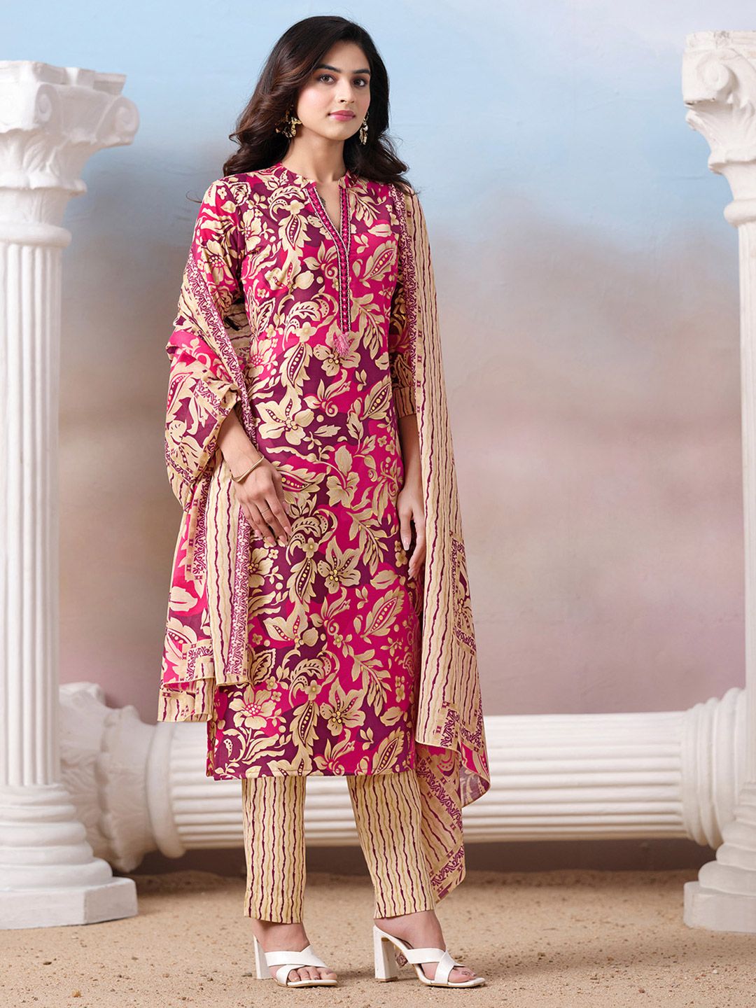 Dhiyona VA Women's Floral Printed Regular Mirror Work Kurta with Trousers & With Dupatta