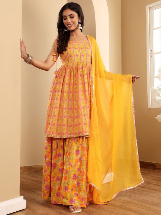 Dhiyona VA Women'sFloral Printed Square Neck Sleeveless Gotta Patti Kurta With Sharara & Dupatta