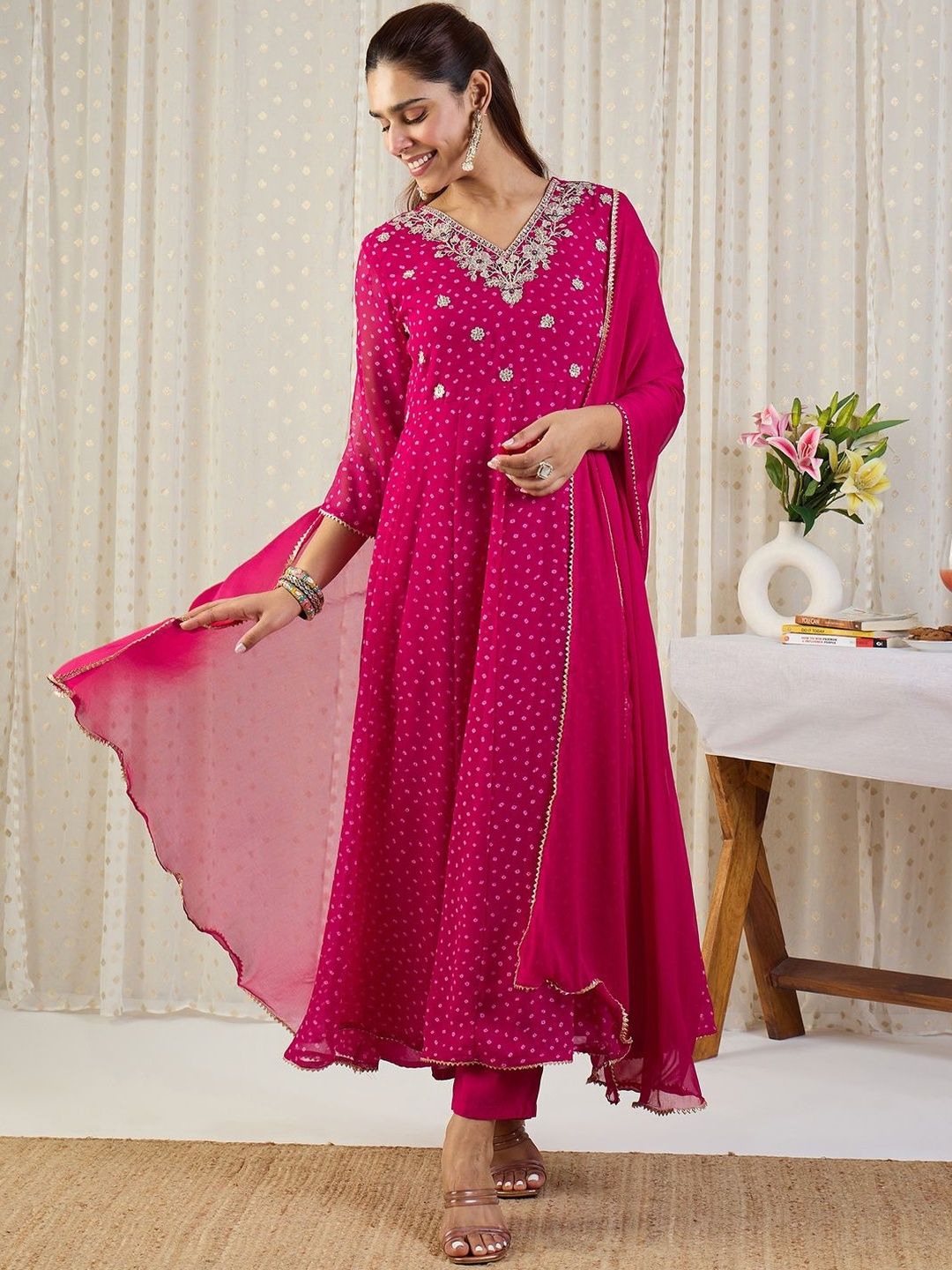 Ethnic Motifs Printed Panelled Thread Work Kurta With Trousers & Dupatta