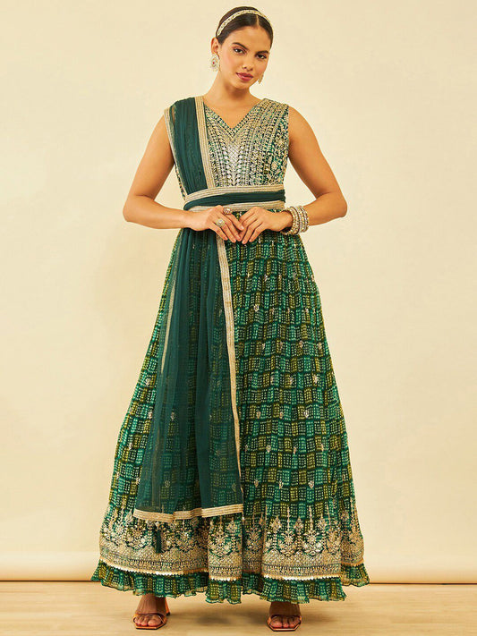 Dhiyona SO Women's Green Bandhani Printed Thread Work Georgette Anarkali Kurta & Churidar With dupatta