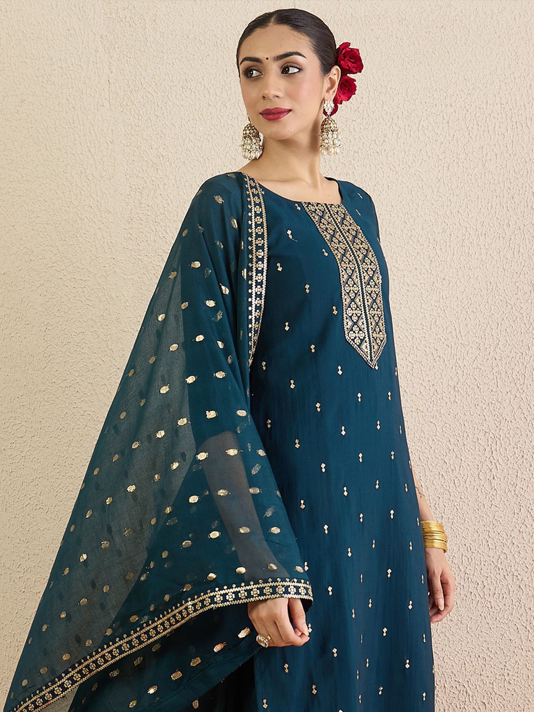 Women Solid Embroidered Kurta with Palazzo & Dupatta