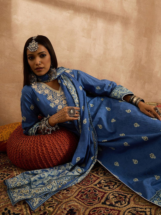 Dhiyona IE Women Ethnic Motifs Embroidered Regular Thread Work Pure Cotton Kurta with Trousers & With Dupatta