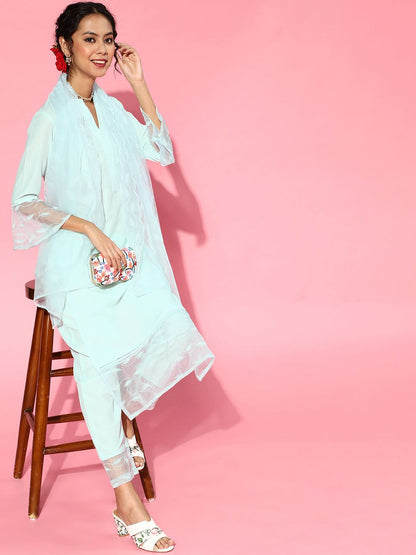 Blue Silk Blend Mandarin Collar Kurta Set